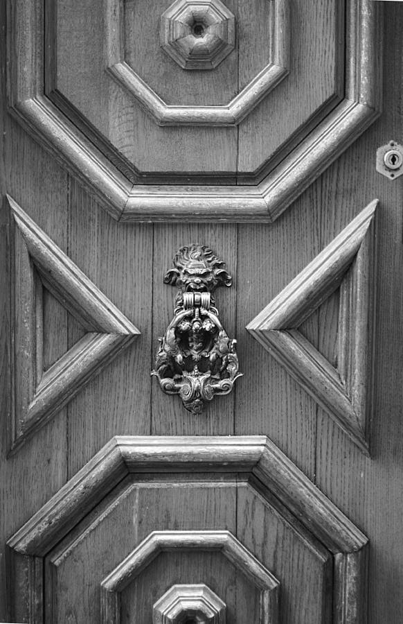 Venice Geometric Oak Wood Door And Brass Knocker BW Photograph by Suzanne Powers