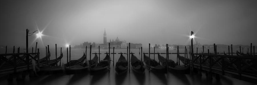 Architecture Photograph - VENICE Gondolas on a foggy morning panoramic view by Melanie Viola