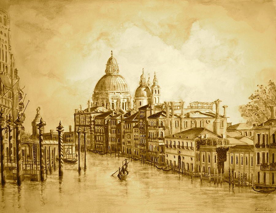 Venice Grand Canal Sepia Drawing by Yvonne Ayoub