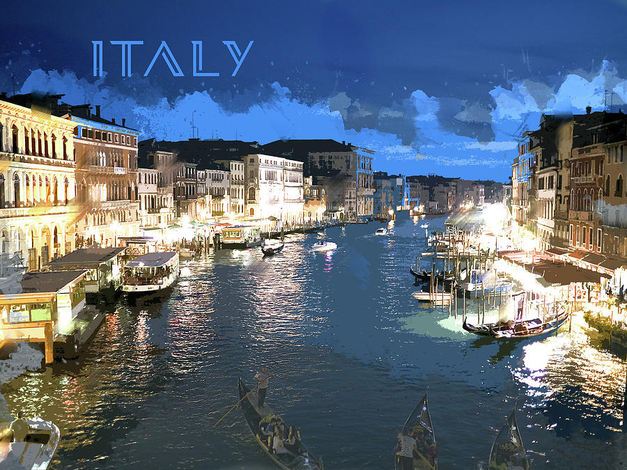 Venice Italy Canal At Night Text Italy Painting By Elaine
