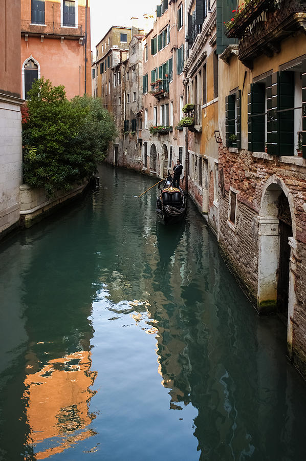 Venice Italy - Green Canal Reflections and a Gondola Photograph by Georgia Mizuleva