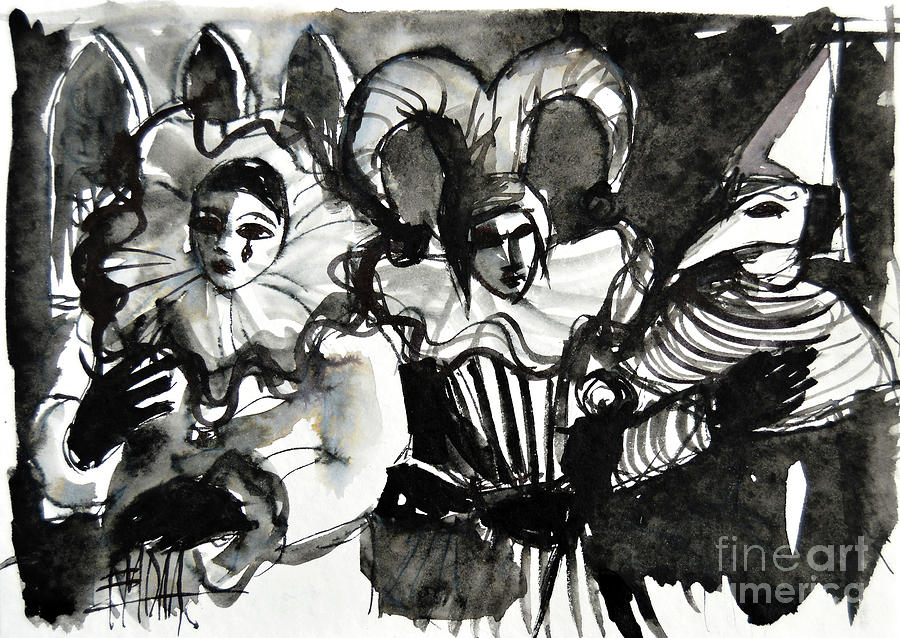 Black And White Painting - Venice Masks Trio by Mona Edulesco