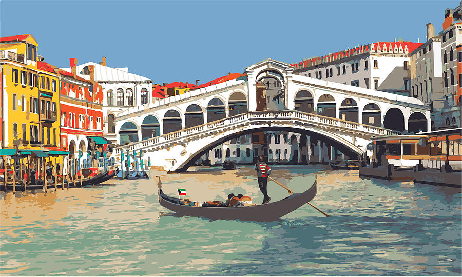 Architecture Digital Art - Venice- Rialto Bridge with Gondola by Inge Lewis