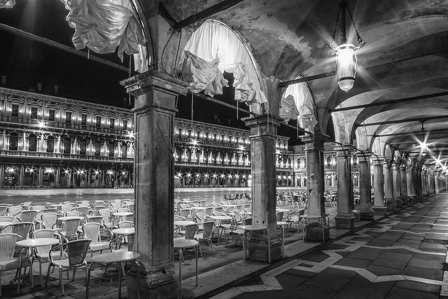 Architecture Photograph - VENICE St Marks Square at Night black and white by Melanie Viola