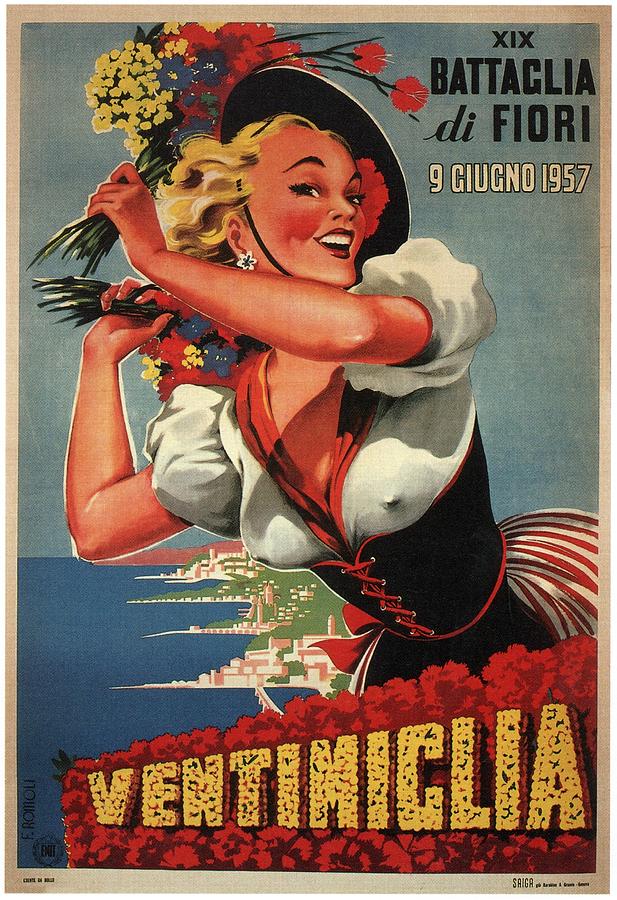 Ventimiclia, Italy - Happy Woman With Flowers - Retro travel Poster -  Vintage Poster by Studio Grafiikka