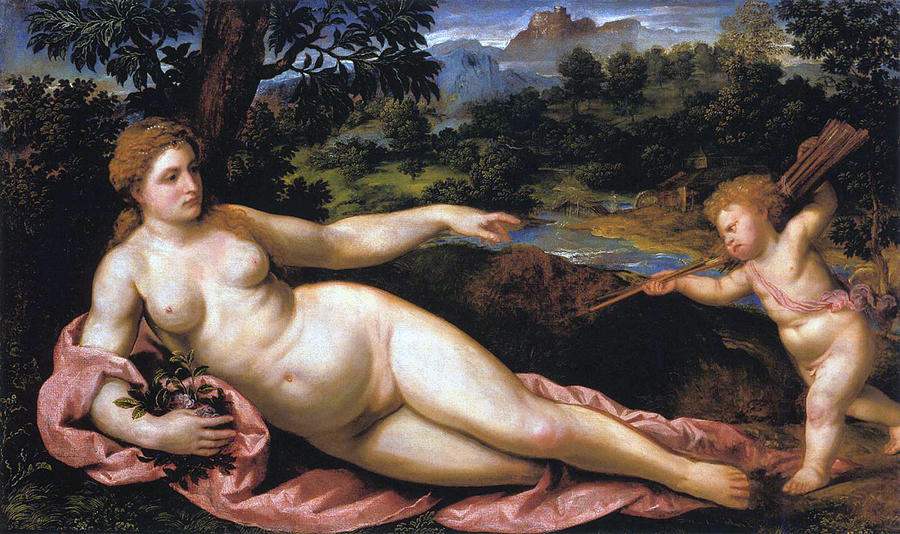 Venus and Amor Painting by Paris Bordone