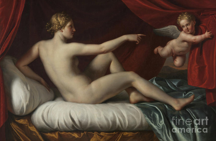 Nude Painting - Venus and Cupid by Italian School