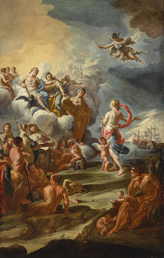 Venus appealing to Jupiter, Juno, and Apollo on behalf of the Trojan fleet Painting by Circle of Corrado Giaquinto