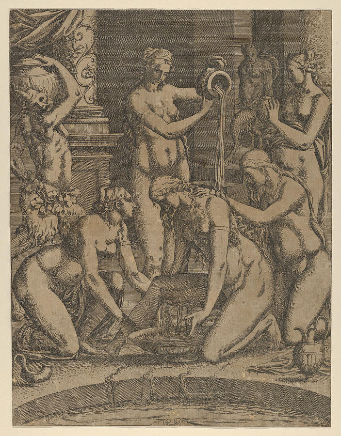 Venus Bathing Attended by Nymphs Drawing by Jean Mignon
