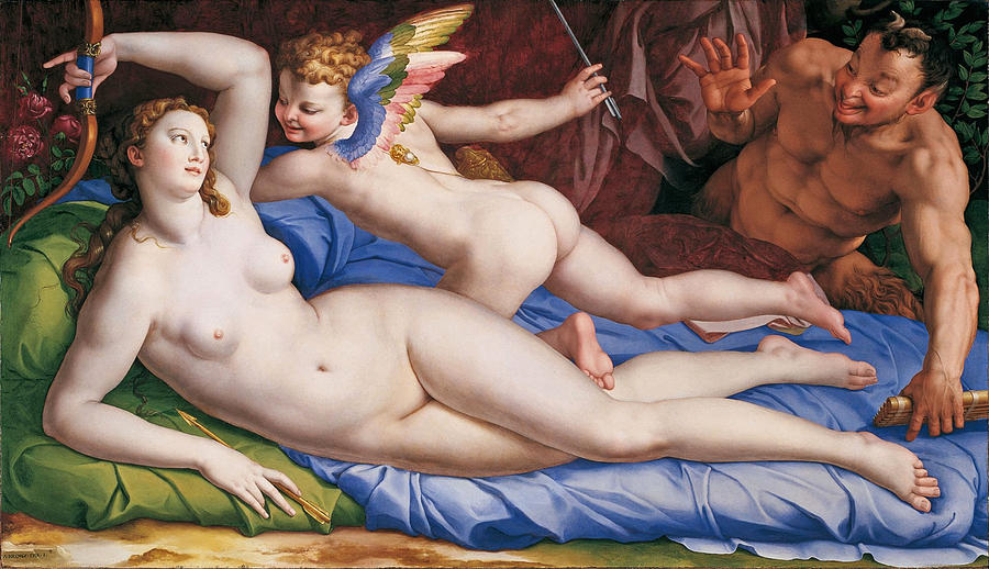 Venus, Cupid and a Satyr Painting by Bronzino