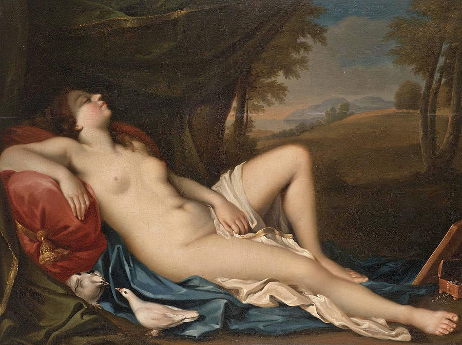 Greek Mythology Painting - Venus sleeping in a landscape with two Doves in the Foreground by Follower of Giovanni Antonio Pellegrini