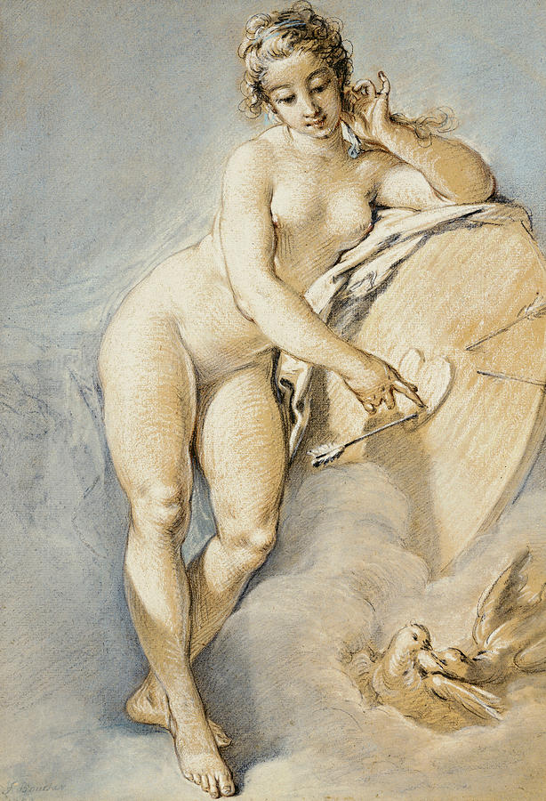 Venus standing, gesturing towards a heart on a target with two doves Drawing by Francois Boucher
