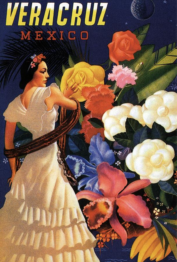 Veracruz, Mexico - Senorita With Flowers Flamenco Dancing - Retro Travel Poster - Vintage Poster Mixed Media