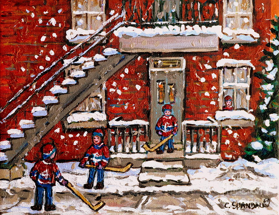 Verdun Duplex In The Snow Little Bys Hockey Game Best Montreal Paintings Canadian Art C Spandau Painting by Carole Spandau