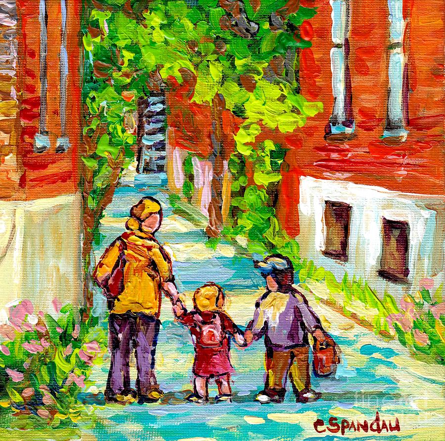 Verdun Laneway Painting Short Cut Mom And Kids Afternoon Stroll Canadian Scenes Quebec Art C Spandau Painting by Carole Spandau