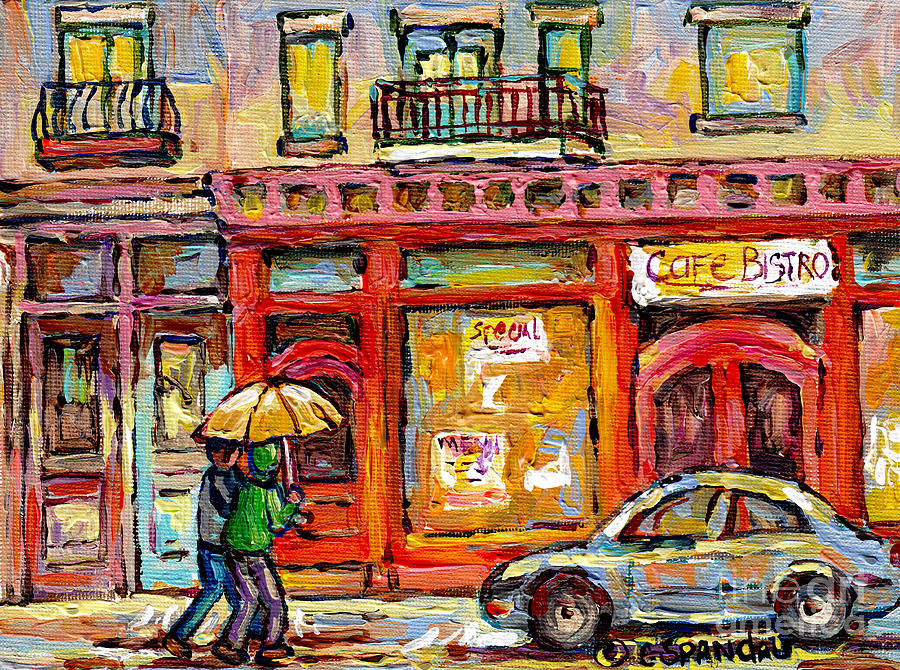 Verdun Montreal Rainy Day Wellington Street Umbrella Paintings Canadian Cityscenes C Spandau Art Painting by Carole Spandau