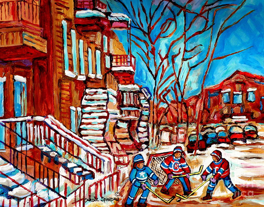 Montreal Canadiens Painting - Verdun Montreal Street Hockey Winding Staircase Winter City Scene Montreal Memories Carole Spandau   by Carole Spandau