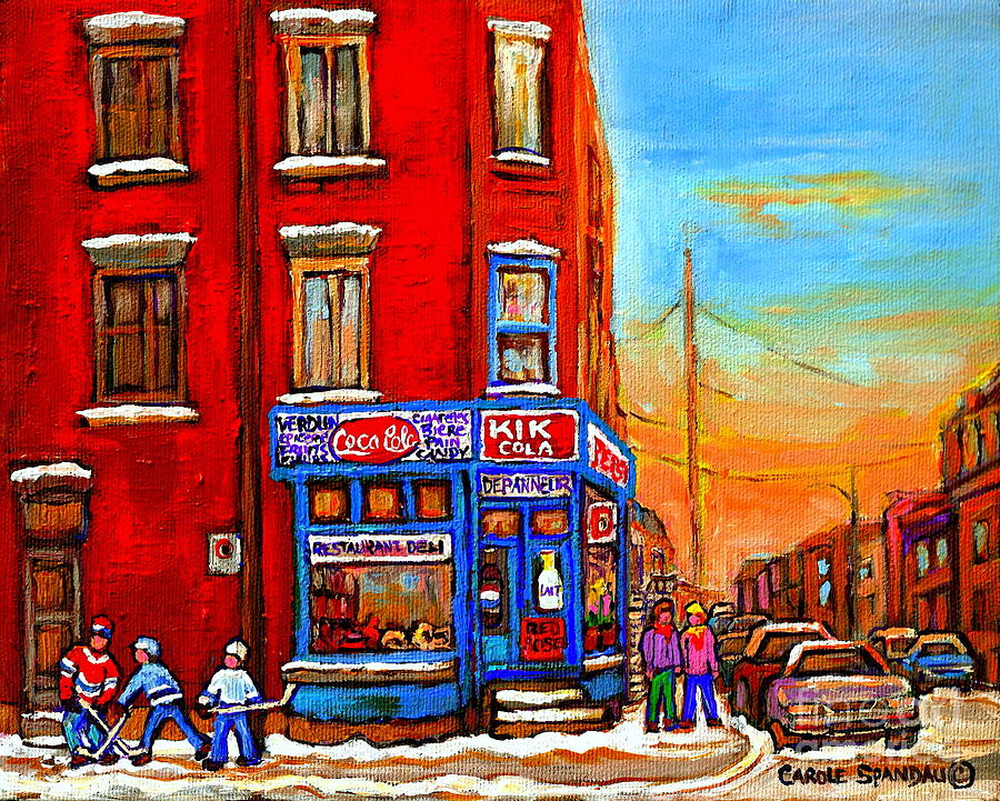 Winter Painting - Verdun Montreal Winter Street Scene Corner Store Hockey Art by Carole Spandau