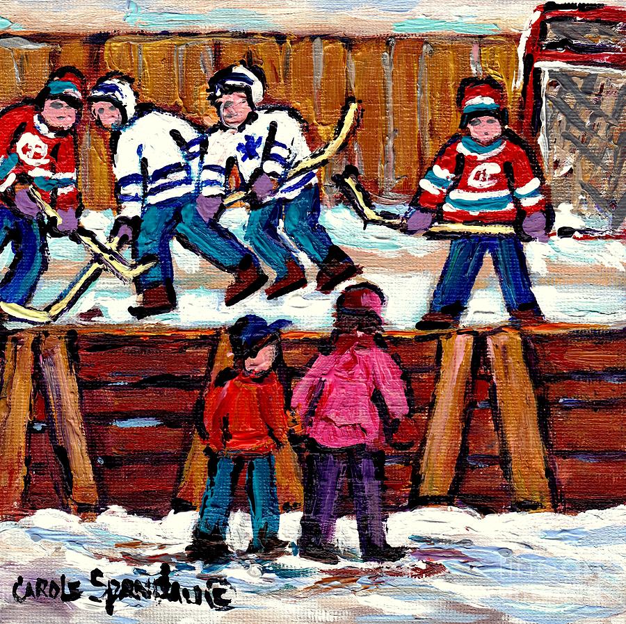 Verdun Neighborhood Hockey Rink Painting Cheering Our Home Team Habs Vs Leafs Quebec Carole Spandau Painting by Carole Spandau