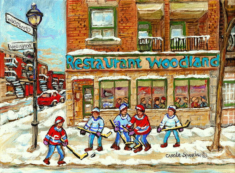 Woodland Pizza Painting - Verdun Pizza Restaurant Woodland Pizza Montreal Winter Scene Hockey Art Painting Carole Spandau      by Carole Spandau