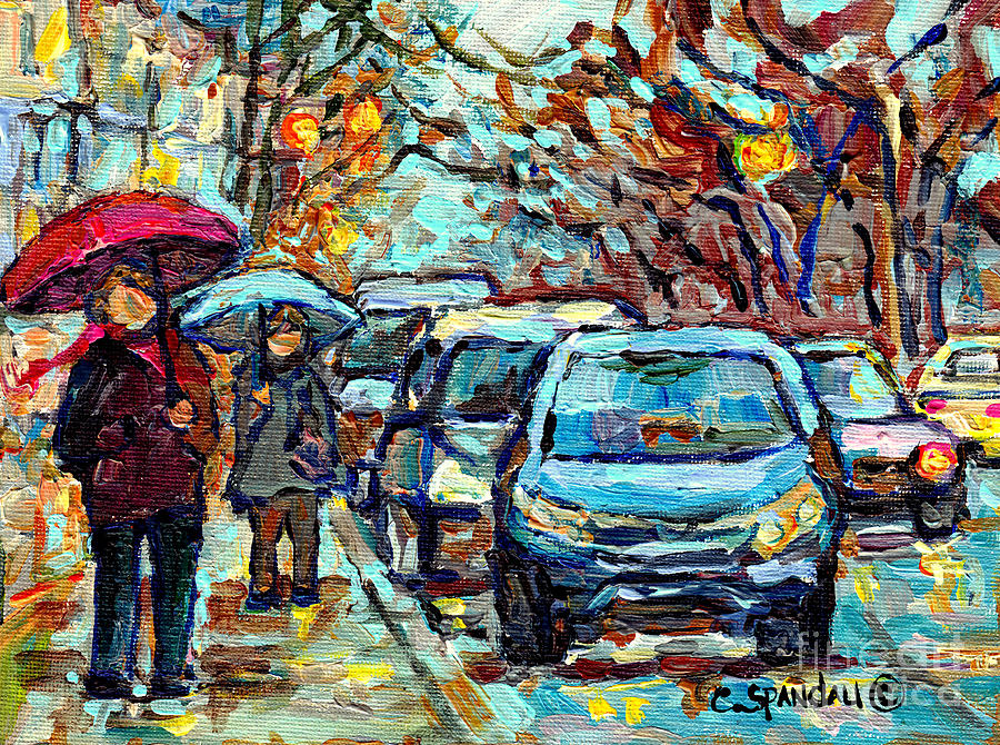 Verdun Rainy Street Scene Painting Umbrella Stroll Southwest Montreal Canadian Artist C Spandau Art  Painting by Carole Spandau