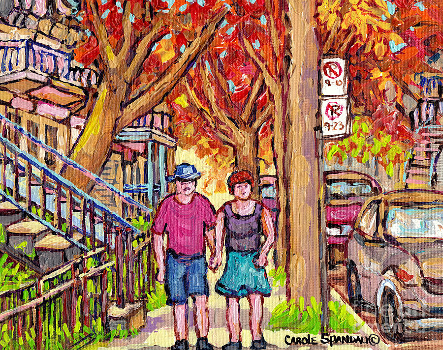 Verdun Street Early Autumn Treescape Painting Couple Strolls Montreal Quebec Art Carole Spandau Painting by Carole Spandau