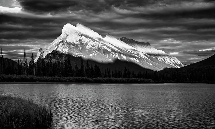 Vermillion Lakes and Mt Rundle BW Photograph by Joan Carroll
