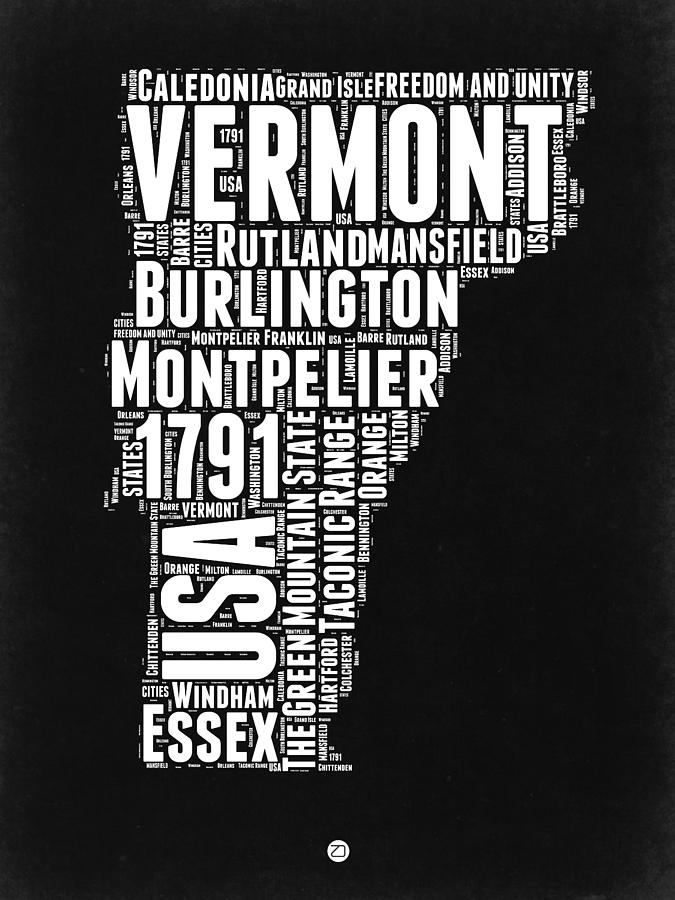 Independence Day Digital Art - Vermont Word Cloud Black and White Map by Naxart Studio