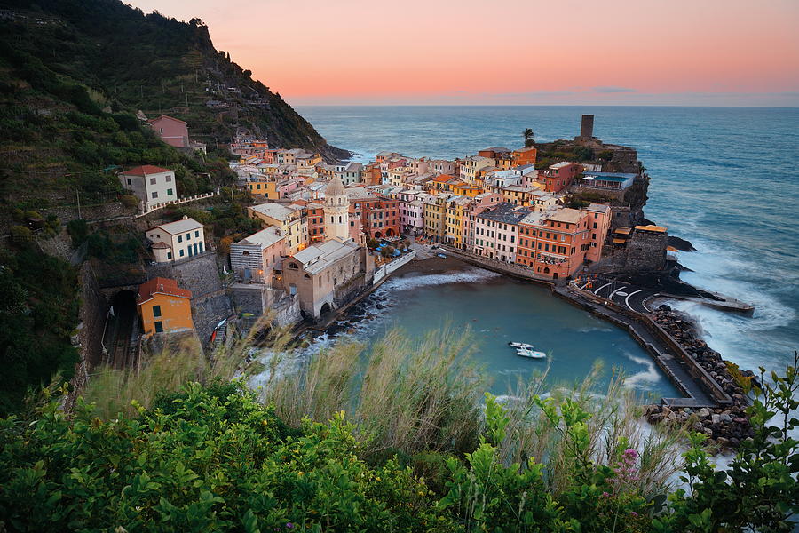 Vernazza bay buildings and sea in Cinque Terre Photograph by Songquan Deng