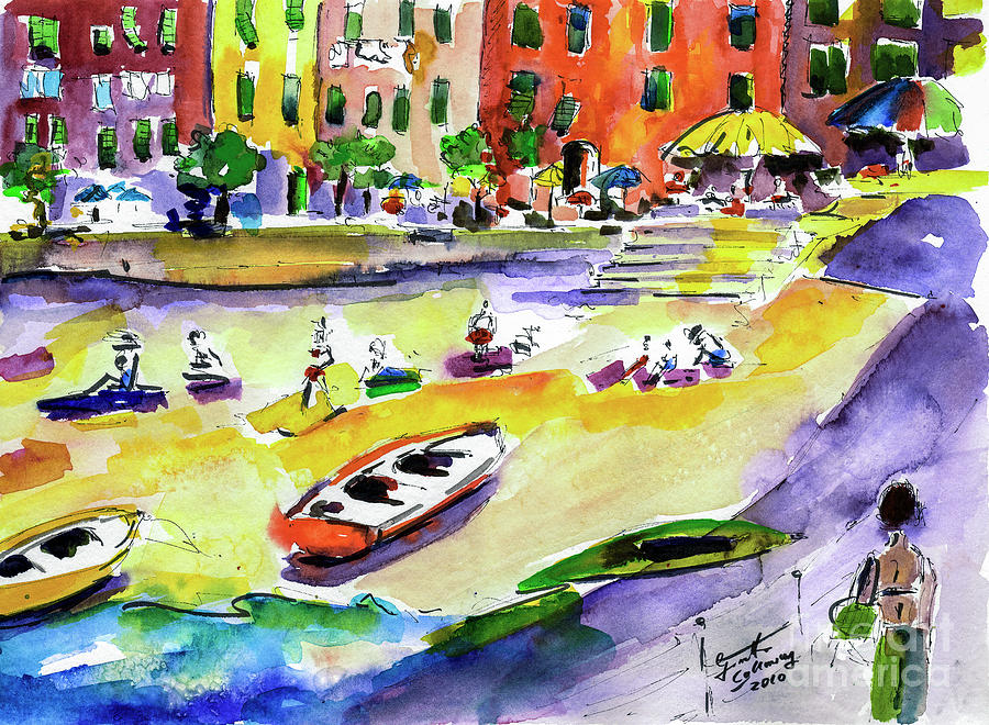Vernazza Beach Stroll Watercolor Cinque Terre Painting by Ginette Callaway