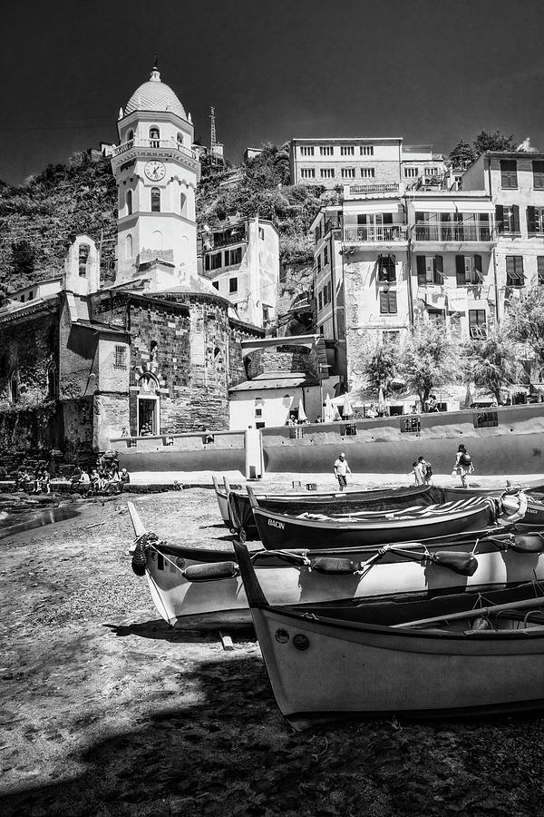 Boat Photograph - Vernazza Boats And Church Cinque Terre Italy BW by Joan Carroll