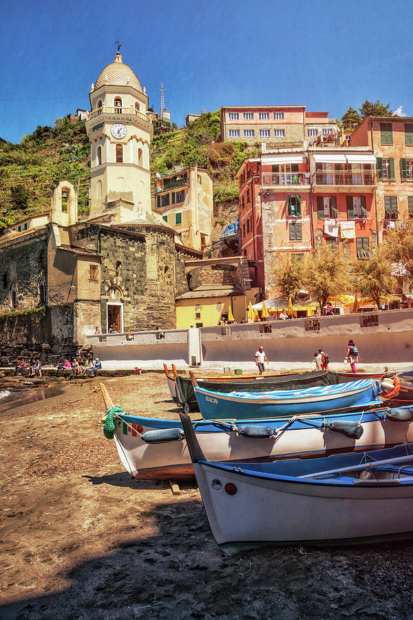 Vernazza Boats and Church Cinque Terre Italy Photograph by Joan Carroll