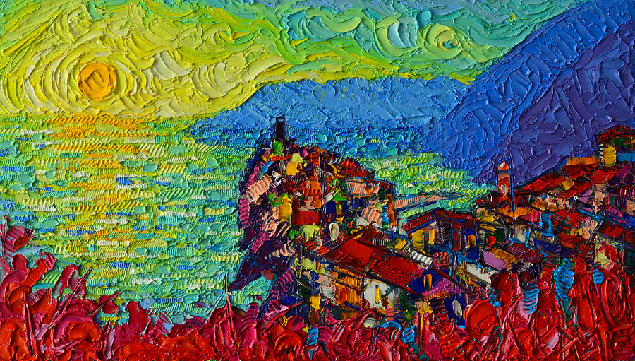 Vernazza Sunrise Cinque Terre Abstract Impressionist Palette Knife Oil Painting Ana Maria Edulescu  Painting by Ana Maria Edulescu