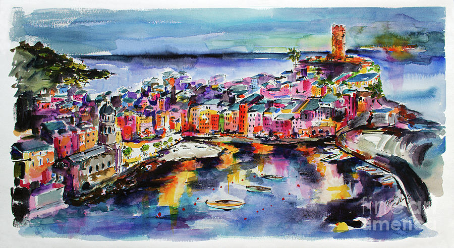 Sunset Painting - Vernazza Twilight Cinque Terre Watercolors by Ginette Callaway