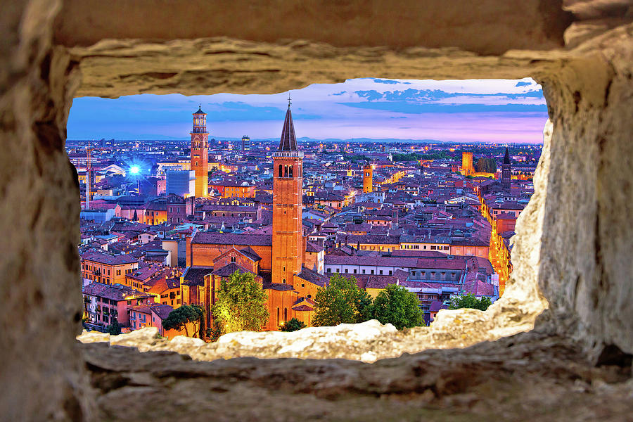 Verona historic skyline evening view through stone window Photograph by Brch Photography