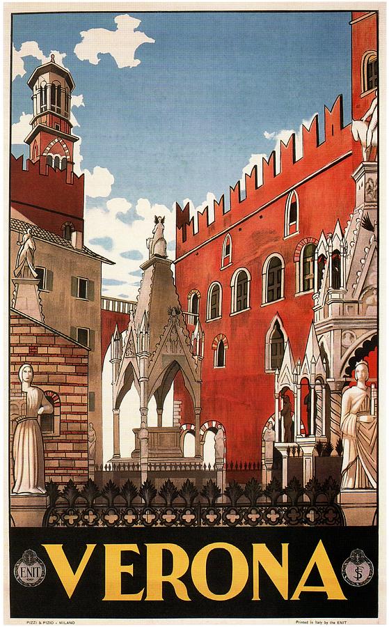 Verona, Italy - Building And Monuments - Retro Travel Poster - Vintage Poster Mixed Media