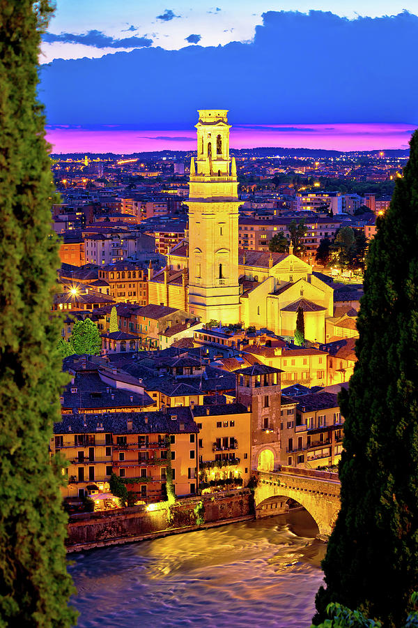Verona towers and rooftops evening vertical view Photograph by Brch Photography