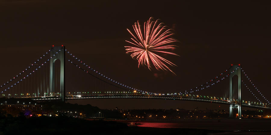 Verrazano Narrows Bridge with one aerial shell Photograph by Kenneth Cole