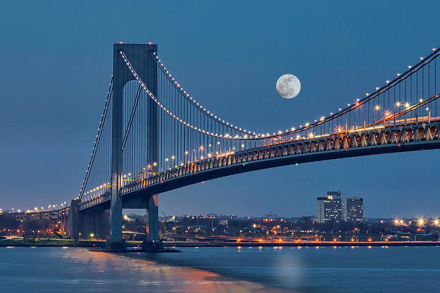 New York City Photograph - Verrazano Narrows Bridge Moon by Susan Candelario