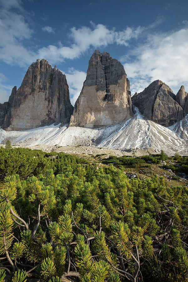 Nature Photograph - Vertical image of Tre Cime di Lavaredo in Dolomites mountains, Italy, Europe by Blaz Gvajc