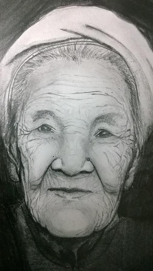 Very Old Woman Face Drawing by Subhajit Mondal Fine Art America