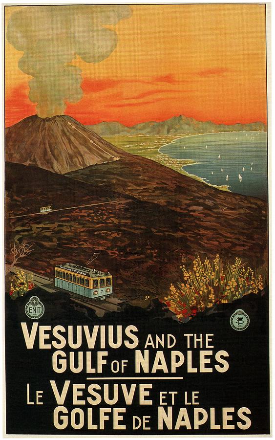 Vesuvius And The Gulf Of Naples, Italy - Retro Travel Poster - Vintage Poster Mixed Media