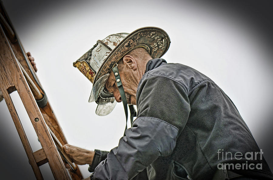 Portrait Photograph - Veteran Fire Fighter Climbing Down from the Roof by Jim Fitzpatrick