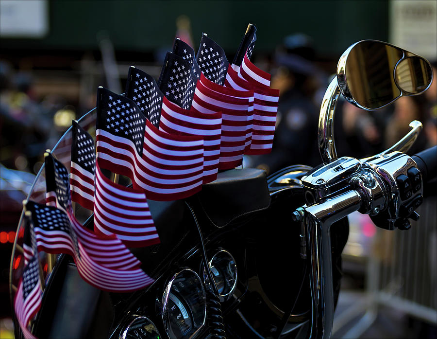 Veterans Day NYC 11_11_17 Motorcycle and American Flags Photograph by Robert Ullmann