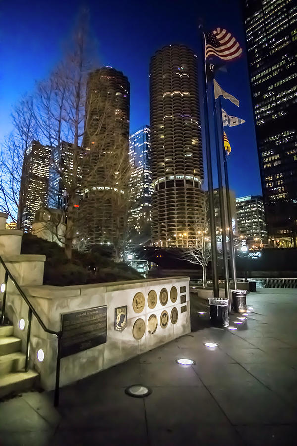 Veterans Memorial on the Chicago riverwalk at dusk Photograph by Sven Brogren