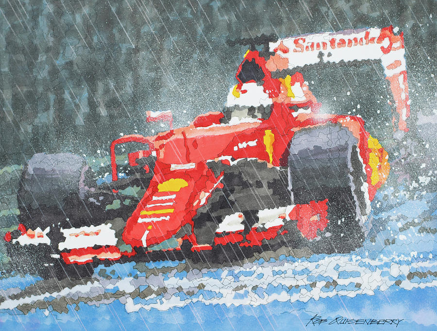 Ferrari Drawing - Vettel in the Rain by Robert Quisenberry