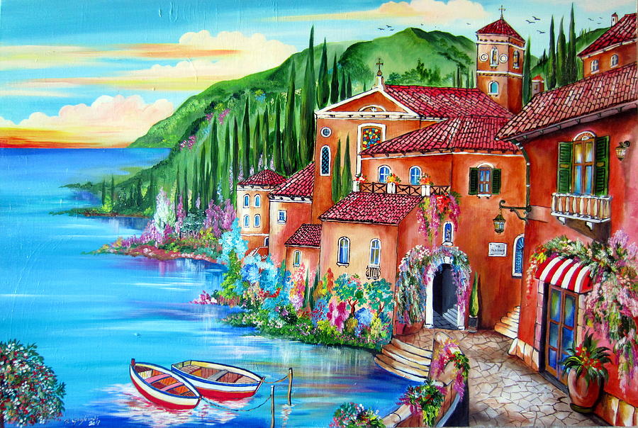 Via Positano by the lake Painting by Roberto Gagliardi