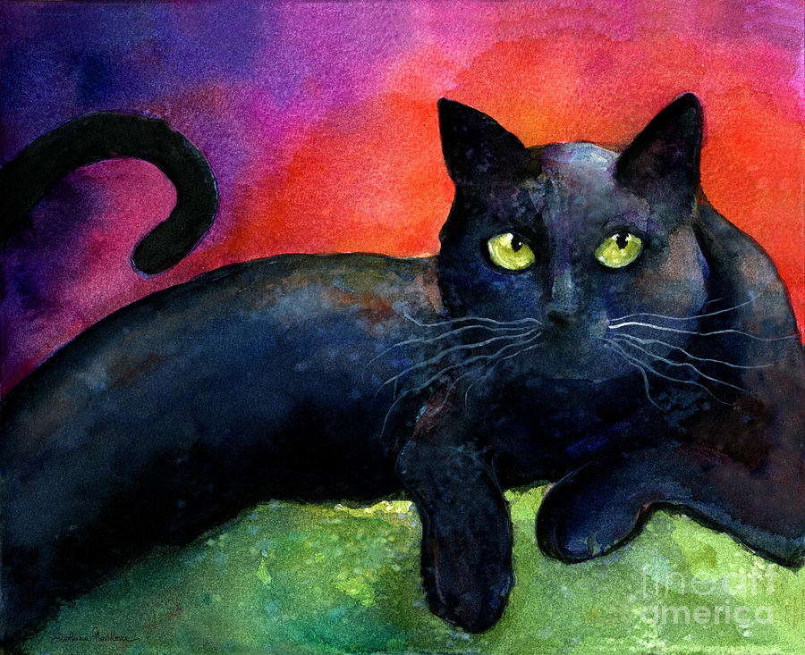 Black Cat Painting - Vibrant Black Cat watercolor painting  by Svetlana Novikova