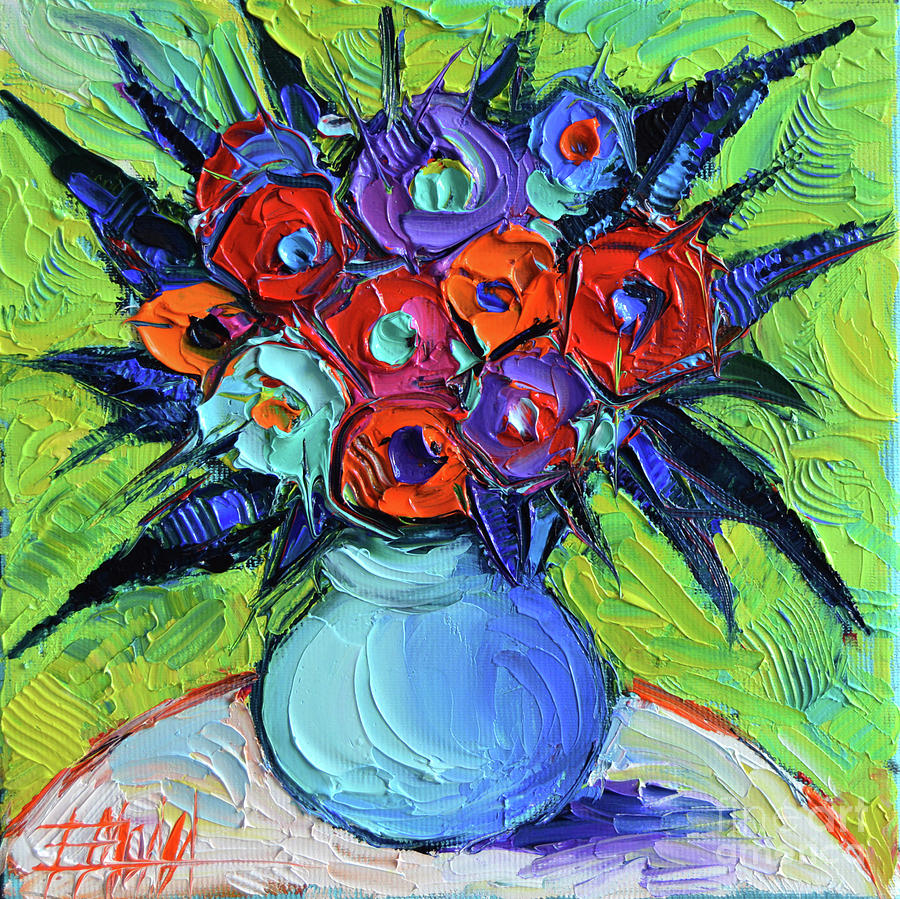 Vibrant bouquet on round white table Painting by Mona Edulesco