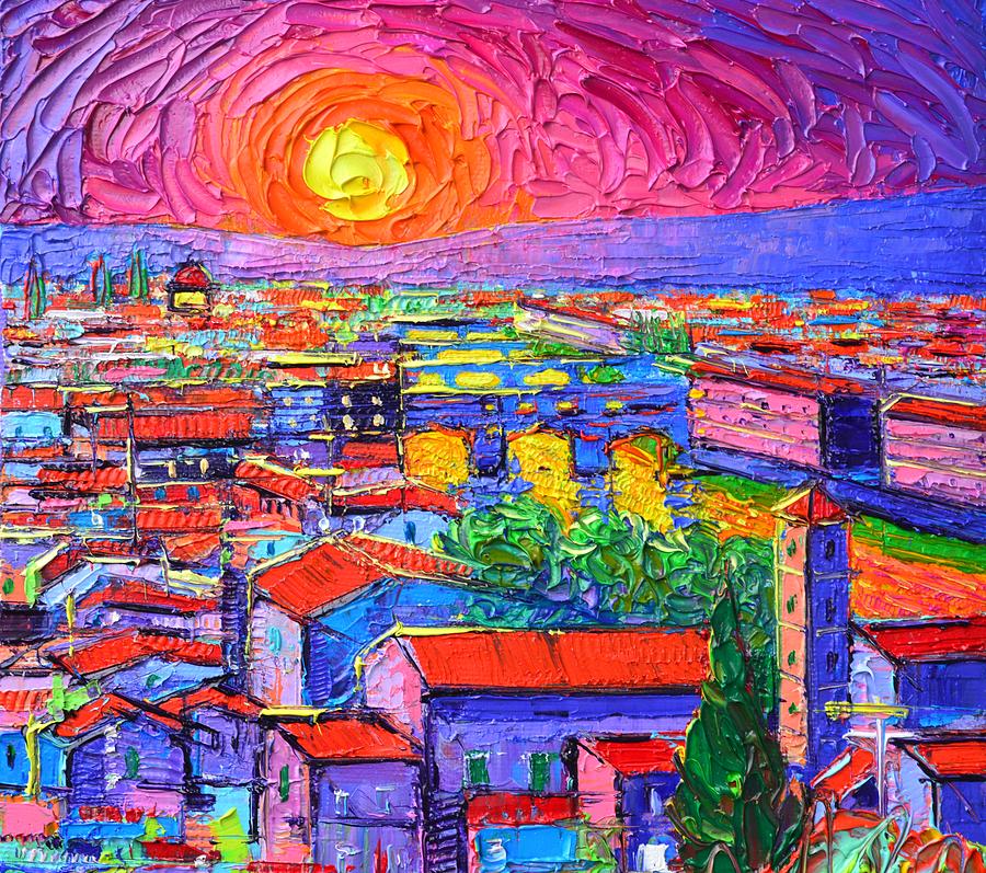 VIBRANT FLORENCE SUNSET modern impressionism abstract city knife oil painting by Ana Maria Edulescu Painting by Ana Maria Edulescu